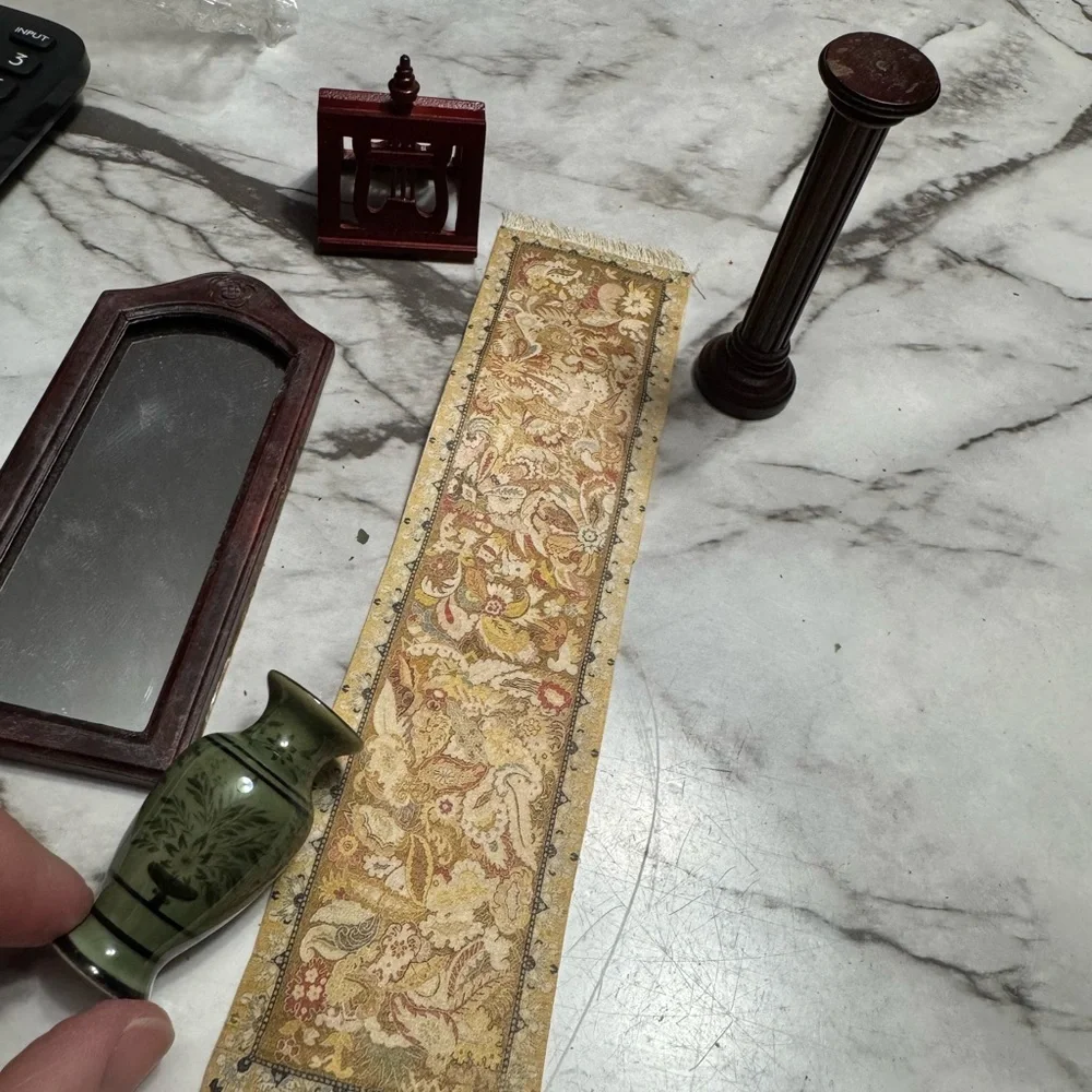 Miniature Doll House Home Decor Set with Vase, Mirror, Plant Stand and Rug - Picture 2 of 4